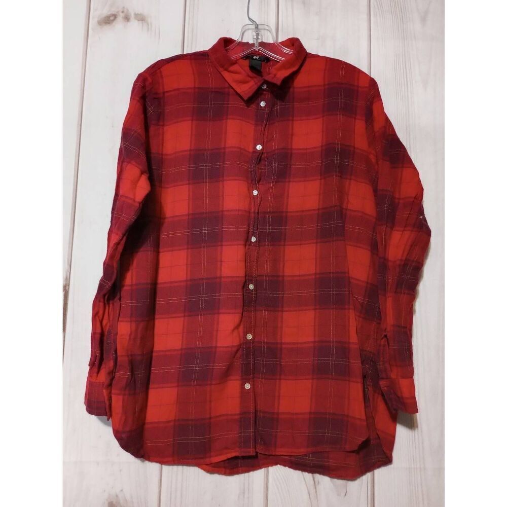H&M Shirt Ladies 10 Red Black Buffalo Plaid Button‎ Front Flannel